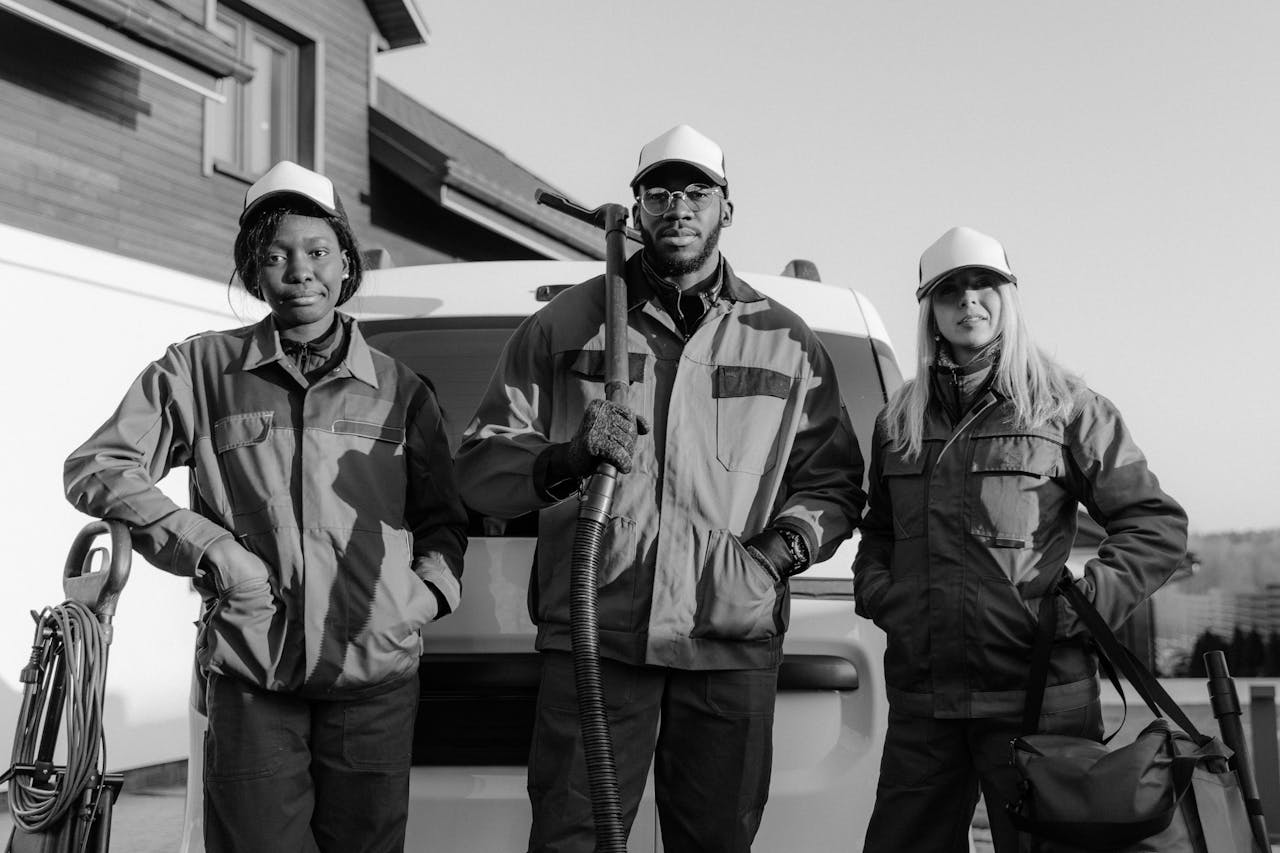 Three professional cleaners in uniform pose with equipment in front of a building.